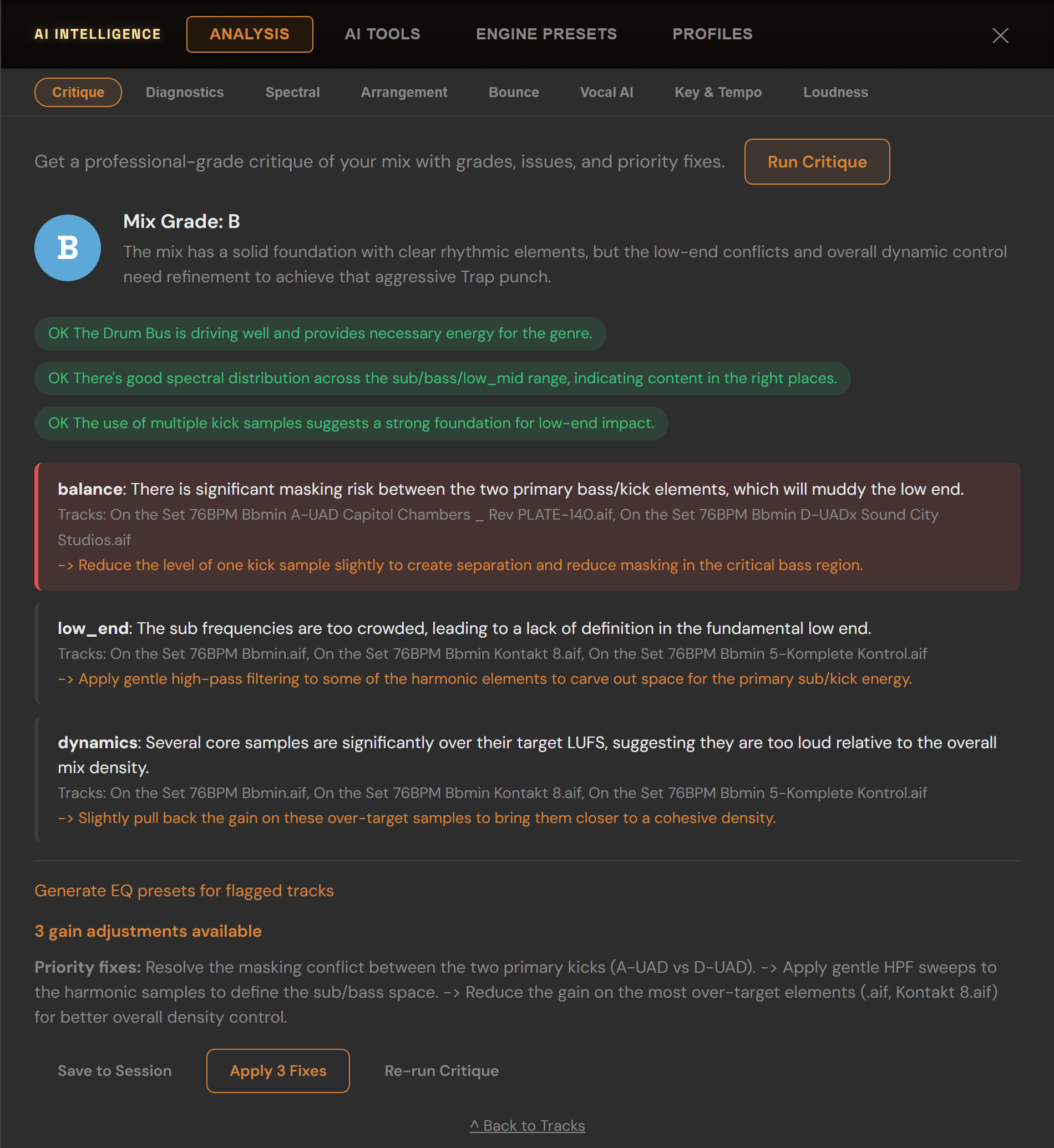 StemDesk AI Critique — a graded mix critique with what's working, issues by category with affected tracks, and one-click Apply Fixes