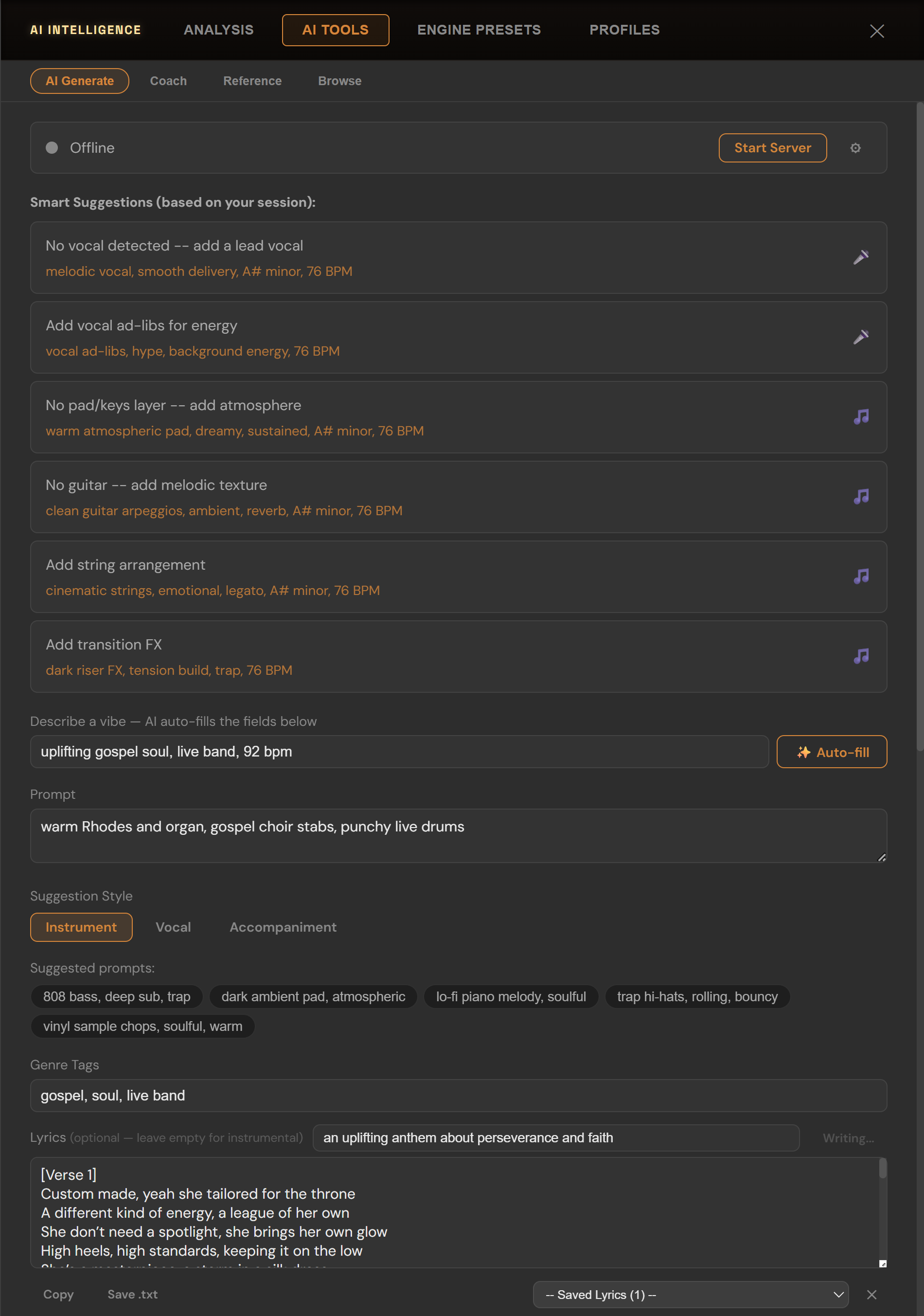 StemDesk AI Generate — session-aware smart suggestions in your song's key and BPM, music generation via local ACE-Step, and AI lyric writing