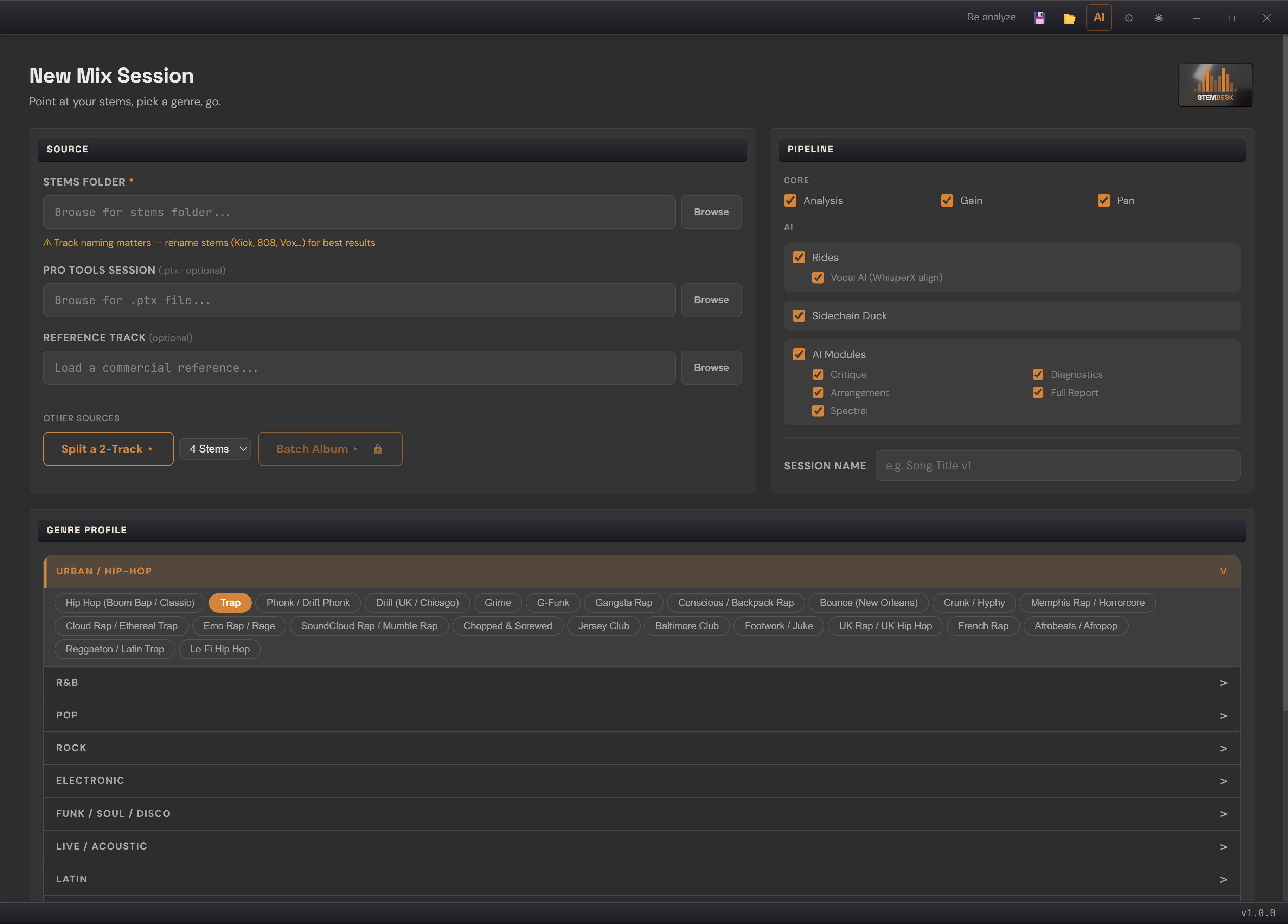StemDesk New Mix Session view — stems folder, Pro Tools session and reference track sources, pipeline toggles, and the genre profile browser